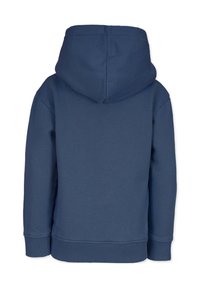 Mörkblå hoodie med en stor, justerbar huva, ribbade ärmslut och ribbad fåll. Tillverkad av mjuk, stretchig tyg med en jämn textur.