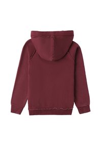 Felpa bordeaux con cappuccio, polsini e orlo a costine. Tessuto morbido con un bordo inferiore leggermente sfilacciato, cuciture minime visibili sul retro.