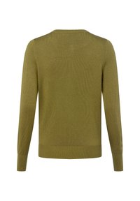 Zielonooliwkowy sweter dziergany z długimi rękawami, ściągaczami na mankietach i dolnym brzegu, z okrągłym dekoltem i gładką strukturą. Widok z tyłu.