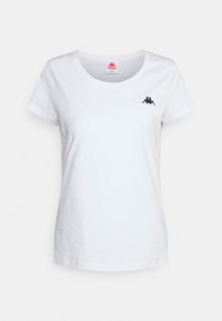Bílý bavlněný tričko s kulatým výstřihem, krátkými rukávy a malým černým logem Kappa na hrudi. Hladká textura, ležérní design.