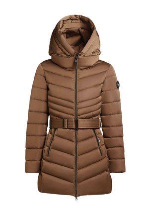 Veste matelassée marron avec un design en chevrons, col montant, grande capuche, taille ceinturée et poches zippées sur les côtés. Tissu texturé.