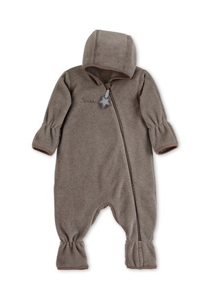 Brauner Fleece-Babyanzug mit Kapuze, Reißverschluss und elastischen Bündchen. Mit gesticktem Text und einem sternförmigen Reißverschluss-Zieher.