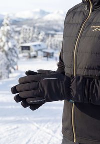 Gants isolants noirs avec prise antidérapante, poignet élastique et bande réfléchissante. Portés par une personne dans un environnement extérieur enneigé.
