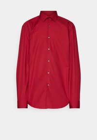 Langärmeliges Hemd aus einfarbig roter Baumwolle mit spitzem Kragen, durchgehender Knopfleiste mit silbernen Knöpfen und figurbetontem Schnitt.