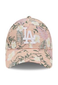 Floral baseball cap in pastel pink with white LA logo. Features green leaves and tropical flower patterns, curved brim, and stitched fabric.