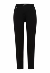 Zwarte slim-fit broeken van zacht materiaal, met een knoopsluiting, subtiele zakdetails en een elegante, gladde textuur.