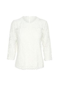 Bela bluza iz čipke s 3/4 rokavi, z nazobčanimi robovi na izrezu, rokavih in spodnjem robu, z vzorcem cvetlične čipke povsod.