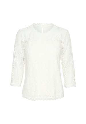 Witte kanten blouse met driekwart mouwen, met gegolfde randen aan de halslijn, mouwen en zoom, met een bloemig kanten patroon over het geheel.