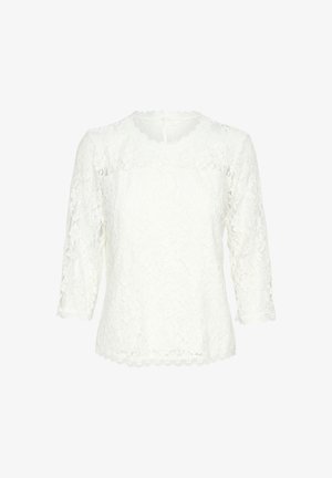 Bílá krajková halenka s 3/4 rukávy, zakončená obloukovými okraji na výstřihu, rukávech a spodním lemu, s květinovým krajkovým vzorem po celém povrchu.