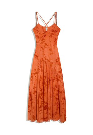 Orangenes ärmelloses Maxikleid mit Blumenmuster, dünnen überkreuzten Trägern und kleinem Ausschnitt vorne.