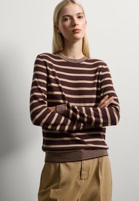 Maglione a righe marroni e beige con scollatura a girocollo e polsini a coste, abbinato a pantaloni in tessuto beige. Texture liscia e vestibilità comoda.