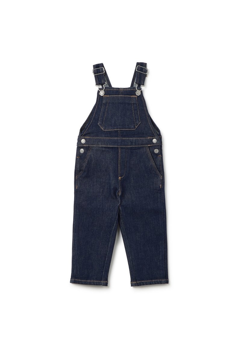 Donkerblauwe denim overalls voor kinderen met verstelbare schouderbanden, een borstzakje aan de voorkant, zijknopen en twee zijzakken op een witte achtergrond.