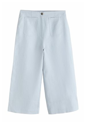 Svetlomodré široké nohavice s krátkou dĺžkou, predné náprsné vrecká a zapínanie na jeden gombík v páse.