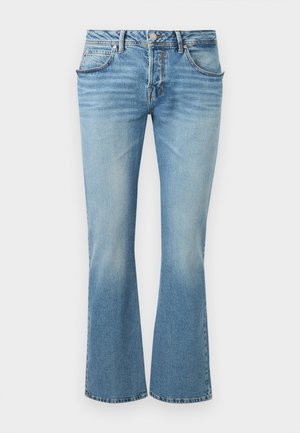 Lyseblå denimjeans med middels høy midje, fem lommer og en lett utsving nederst.