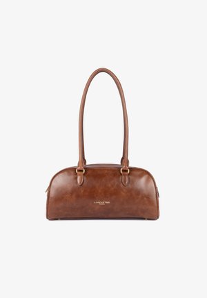 Borsa a mano in pelle marrone con design arrotondato, doppi manici, dettagli in metallo dorato e un logo discreto impresso sul davanti.