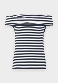 Schulterfreies, geripptes Oberteil mit marineblauen und weißen horizontalen Streifen, figurbetonter Silhouette und weitem, umgeschlagenem Ausschnitt.