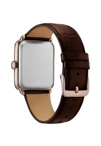 Kvadratinis nerūdijančio plieno išmanusis laikrodis su poliruotu paviršiumi, rudas odinis dirželis su krokodilo raštu ir metaline sagtimi.