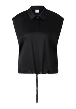 Zwart mouwloos poloshirt met drie knopen en verstelbare tunnelkoordzoom, gemaakt van gladde stof.