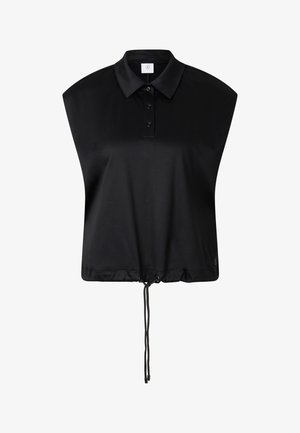 Zwart mouwloos poloshirt met drie knopen en verstelbare tunnelkoordzoom, gemaakt van gladde stof.