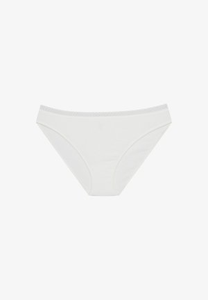 Białe bawełniane majtki bikini o gładkiej fakturze i delikatnej koronkowej lamówce wzdłuż pasa. Klasyczny krój bez dodatkowych wzorów.