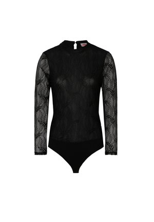 Schwarzes Bodysuit mit langen, transparenten Spitzeärmeln und einem festen schwarzen Unterteil. Hoher Ausschnitt mit einem Reißverschluss auf der Rückseite und floralem Spitzenmuster über das gesamte Stück.