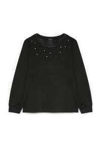 Maglione nero a maniche lunghe con scollo rotondo decorato con borchie metalliche e piccoli strass, realizzato in tessuto morbido con polsini elasticizzati.