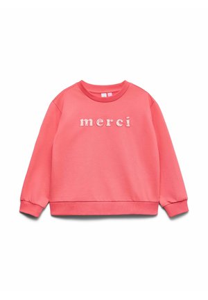 Korallipunane roosakas pika varrukaga ümmarguse kaelusega dressipluus soonikkoes mansettide ja äärega, mille rinnal on valge tikandiga tekst "merci".