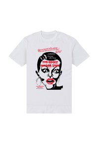 Biały bawełniany T-shirt z nadrukiem twarzy z wyraźnymi czarnymi konturami, czerwonymi akcentami oraz napisem "The Rocky Horror Show".