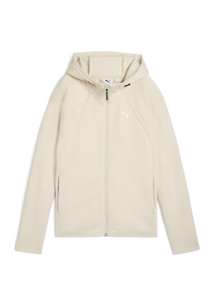 Ljusbeige zip-up hoodie i slät tyg. Har en huva, långa ärmar, sidofickor och en vit logotyp på bröstet.