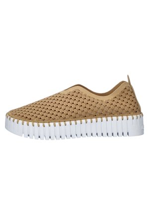 Tan slip-on shoes with a textured upper featuring a wave pattern, a white segmented sole, and a pull tab at the back for easy wear.