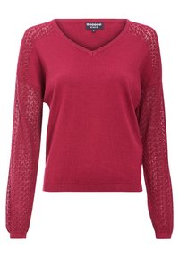 Roter, gestrickter Pullover mit V-Ausschnitt und langen Ärmeln, der Spitzenakzente an den Schultern aufweist. Weicher Stoff, lockere Passform.