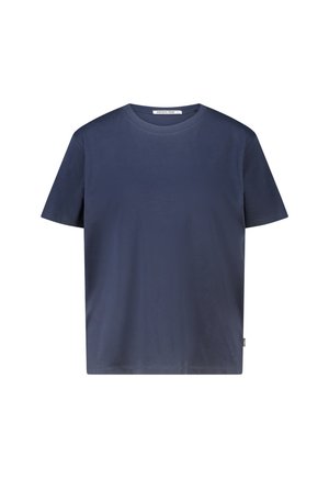 Effen donkerblauw T-shirt met korte mouwen en ronde hals met een klein label op de zijnaad.