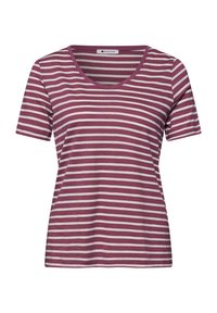T-shirt femme à manches courtes avec des rayures horizontales blanches et mauves et un col rond.