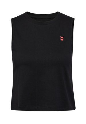 Zwarte mouwloze crop top van katoen, met een ronde hals en een klein roze chevronlogo op de linkerkant van de borst. Glad textuur.