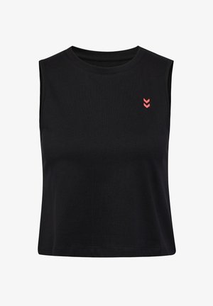 Crop top sans manches noir en coton, avec un col rond et un petit logo en chevrons rose sur la poitrine gauche. Texture lisse.