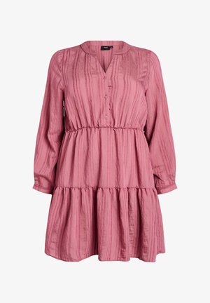 Ilga rankovėmis dulkėto rožinio spalvos suknelė su tekstūruotais vertikaliais dryžiais, elastingu juosmeniu, sluoksniuotu sijonu, mygtukiniu V formos iškirpimu ir apvaliu apykakle.