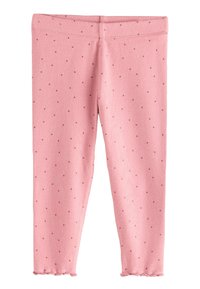Leggings roses en tissu doux, avec de petits motifs à pois dans une nuance plus foncée. L'ourlet présente un design festonné pour ajouter du détail.