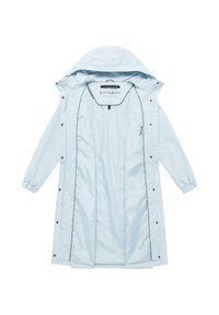 Svetlomodrý dlhý pršiplášť s kapucňou, elastickými manžetami, patentnými gombíkmi a vnútorným zipsovým vreckom, značka viditeľná vo vnútri goliera.