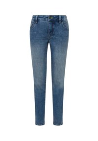 Blå denimjeans med en vertikal ribbad textur, smal passform, femficksdesign och kontrasterande gröna sömmar på midjefacket och fickorna.