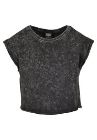 Camiseta negra recortada de algodón lavado, con escote redondeado y mangas cortas enrolladas. Acabado texturizado con un patrón sutil.