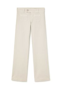Pantalones beige claro confeccionados en una mezcla de algodón. Presentan un corte recto, dos bolsillos traseros y un cierre con botón y pasadores para cinturón.