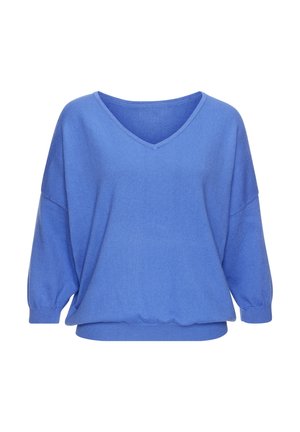 Blue V-neck sweater with 3/4-length sleeves and ribbed cuffs and hem, displayed on a white background.