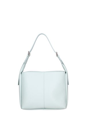 Borsa a tracolla in pelle azzurro chiaro con una finitura liscia, un manico singolo e forma rettangolare. Presenta una cucitura sottile e hardware minimale.