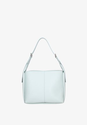 Sac à main en cuir bleu clair avec une texture lisse, une poignée unique et une forme rectangulaire. Présente des coutures discrètes et un minimum de matériel.
