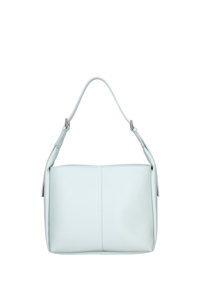 Borsa a tracolla in pelle azzurro chiaro con una finitura liscia, un manico singolo e forma rettangolare. Presenta una cucitura sottile e hardware minimale.
