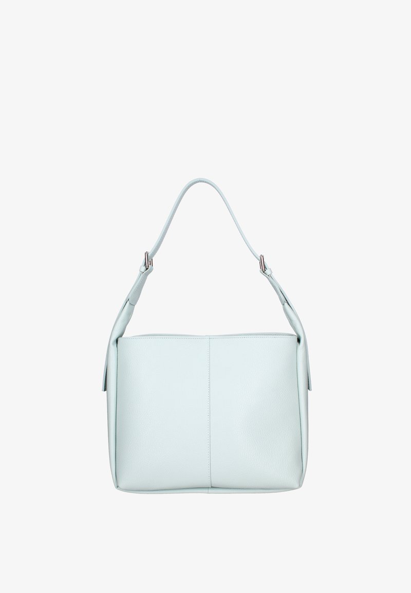 Sac à main en cuir bleu clair avec une texture lisse, une poignée unique et une forme rectangulaire. Présente des coutures discrètes et un minimum de matériel.