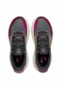 Gray and pink athletic shoes with mesh upper, laces, padded collar, and cushioned soles. Features branding on the tongue and insole.