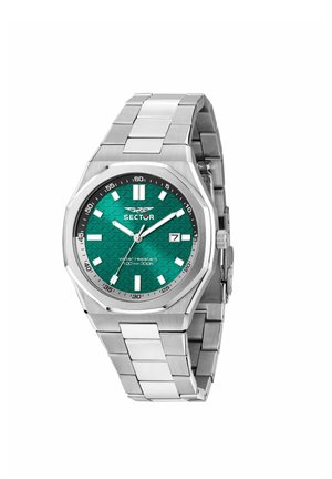 Orologio da polso in metallo argento con quadrante verde testurizzato, indici bianchi, finestra della data e tre lancette che indicano le 10:10:35.