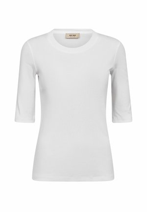 Valkoinen, naisten lyhythihainen istuva T-paita, jossa on pyöreä pääntie ja kauluksen sisäpuolella etiketti.