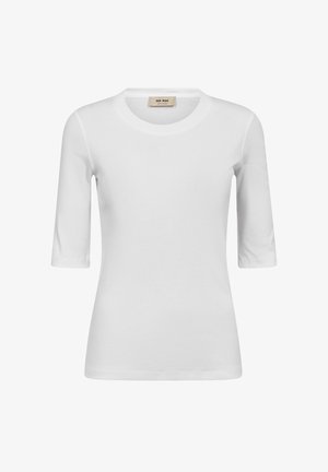 Witte, nauwsluitende dames-T-shirt met korte mouwen, een ronde hals en een label binnen in de kraag.